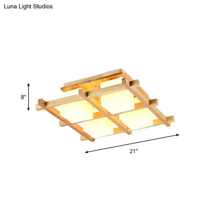 Lightweight modern wood grid semi flush mount ceiling light with four frosted glass panels and natural bamboo frame