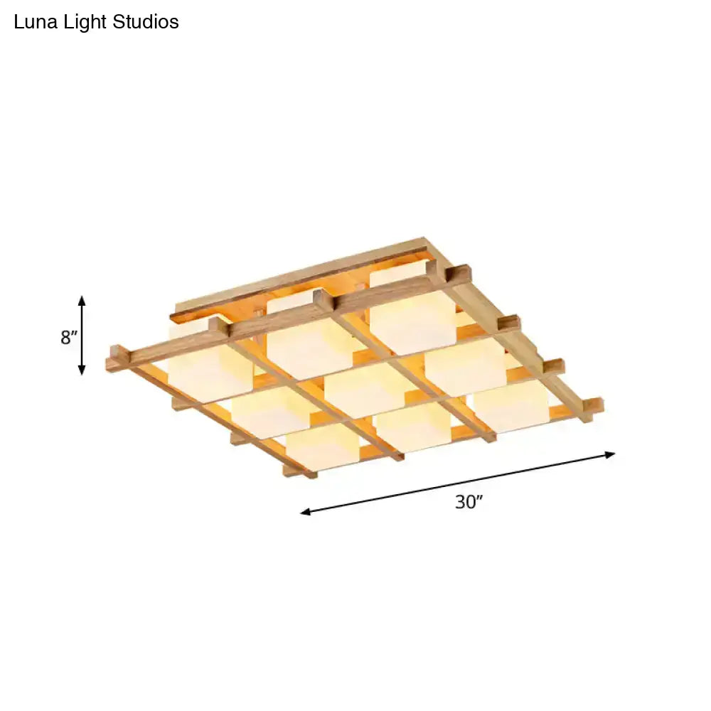 Modern wood grid semi flush mount ceiling light with nine warm glowing panels for living room use