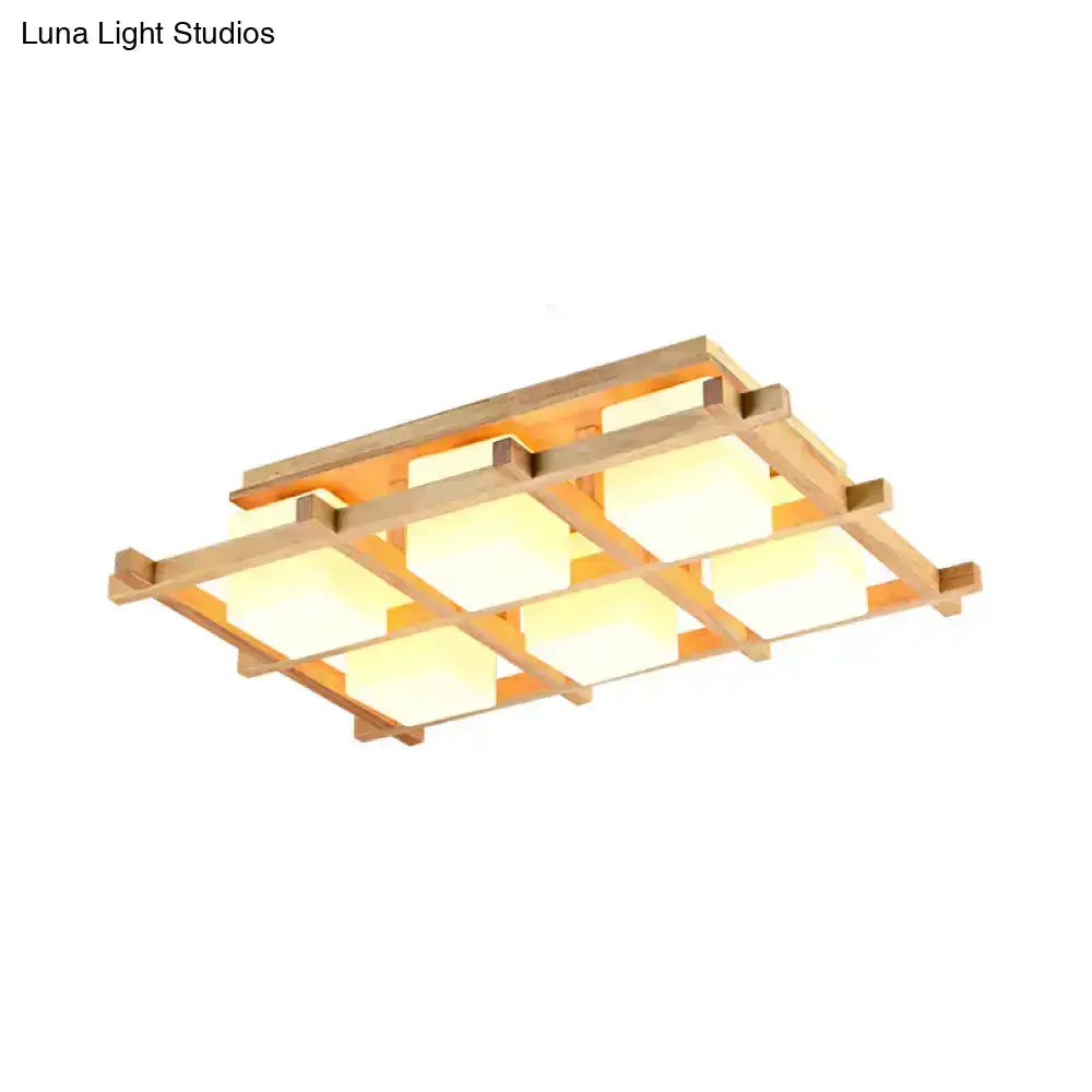 Rectangular semi flush mount ceiling light with natural wood grid frame and six warm glowing glass panels for living room