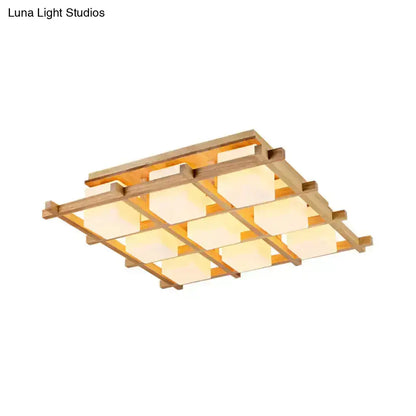 Modern wood grid semi flush mount ceiling light with natural wood frame and nine warm frosted glass panels for living room