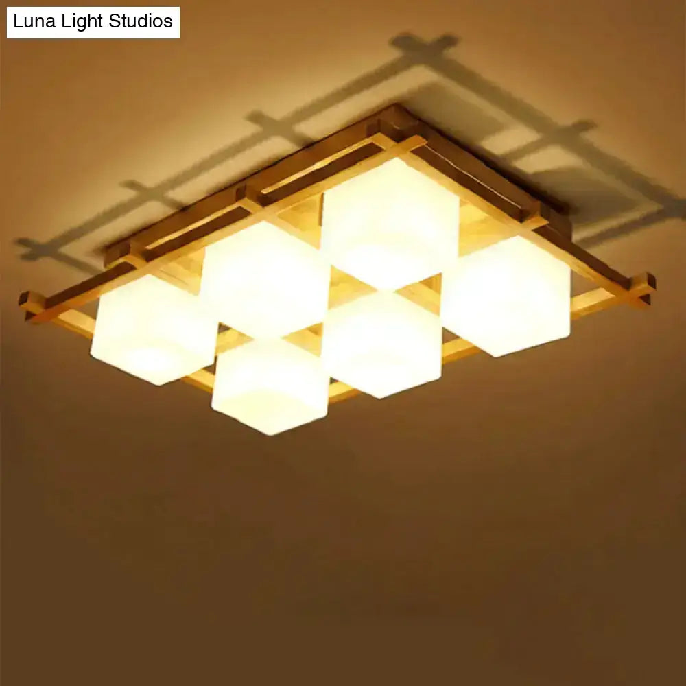 Rectangular modern wood grid semi flush mount ceiling light with warm wooden frame and six white frosted glass cubes