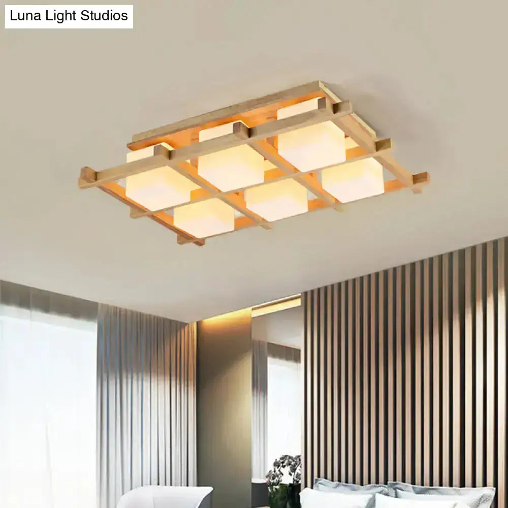 Modern wood grid semi flush mount ceiling light with natural wood frame and six warm frosted glass panels for living room