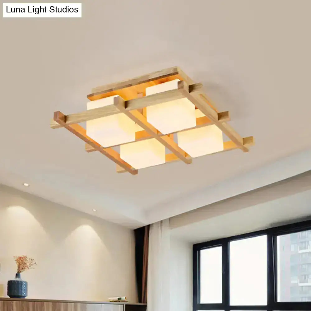 Modern wood grid semi flush mount ceiling light with natural wood frame and four glowing off-white panels for living room