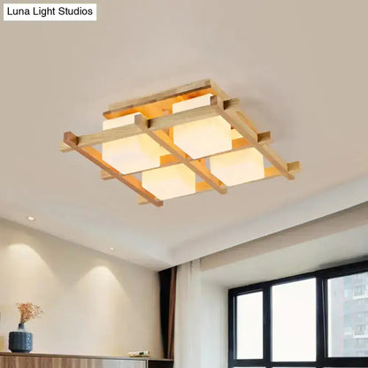 Modern wood grid semi flush mount ceiling light with natural wood frame and four glowing off-white panels for living room