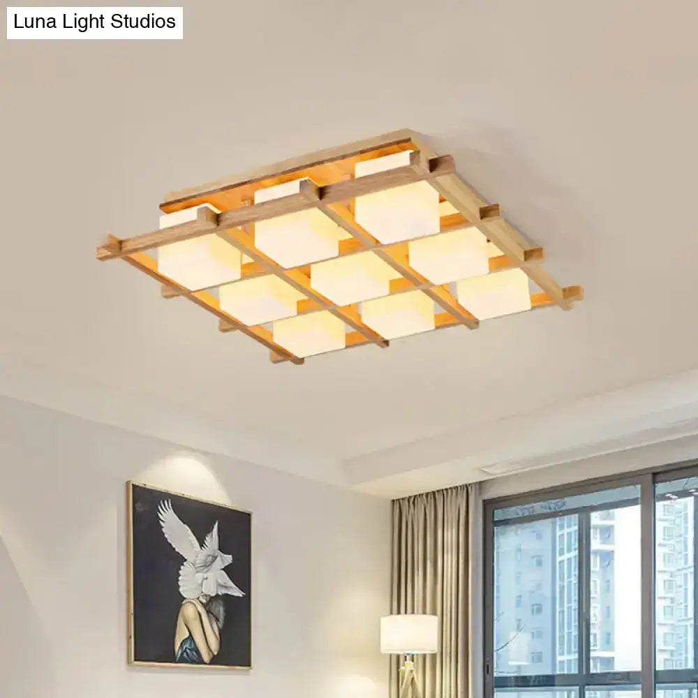 Modern wood grid semi flush mount ceiling light with natural wood frame and nine warm frosted glass panels for living room