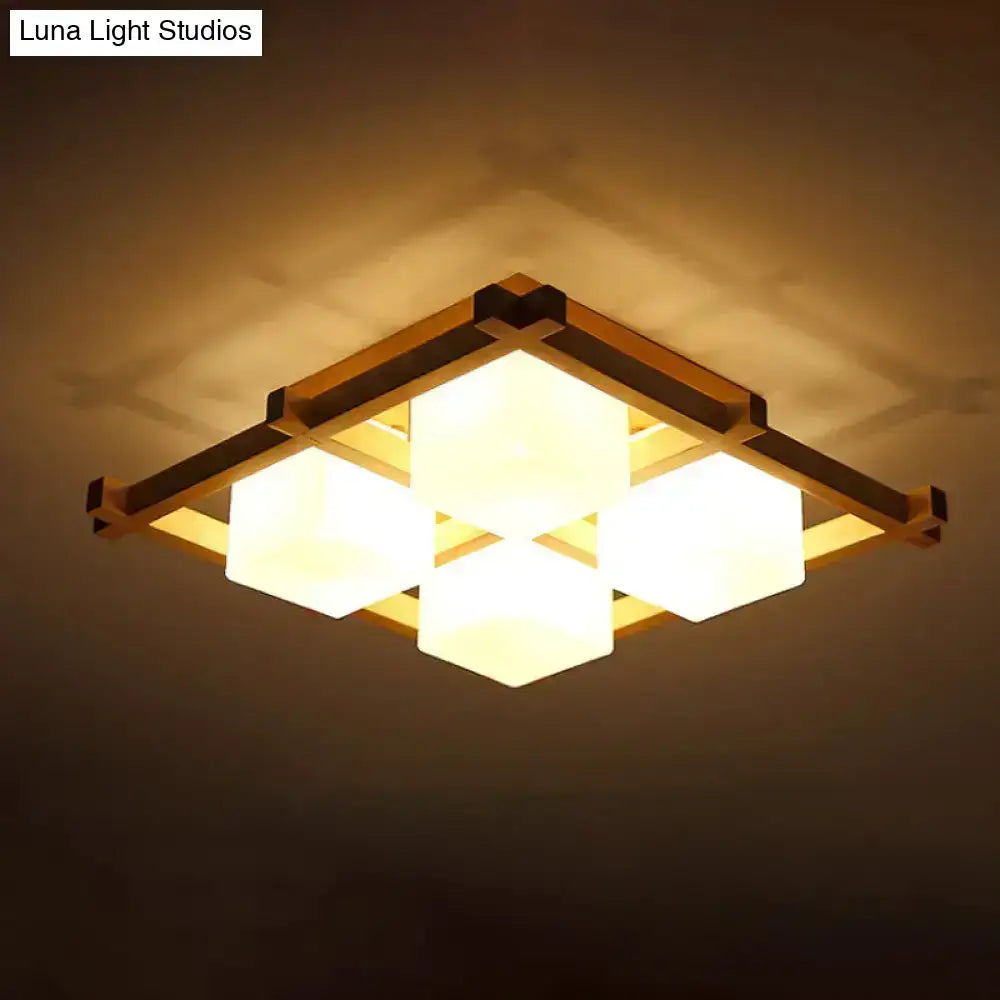 Modern wood grid semi flush mount ceiling light with warm-toned frosted glass panels and wooden frame for living room
