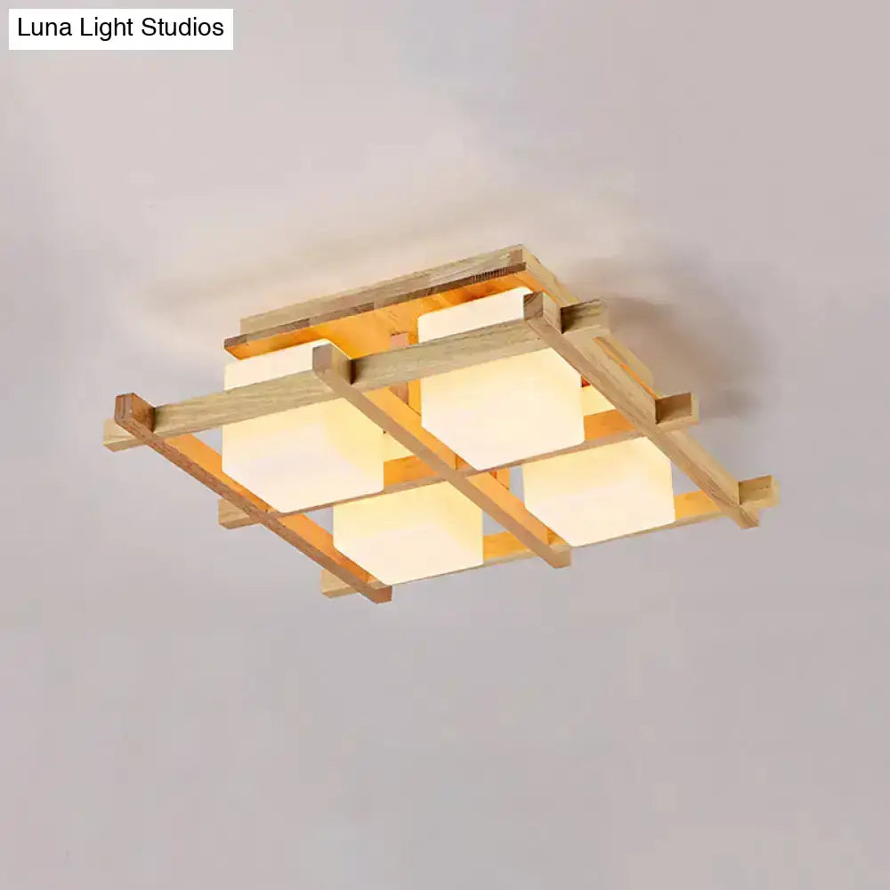 Modern wood grid semi flush mount ceiling light with natural wood frame and four warm glowing glass panels for living room