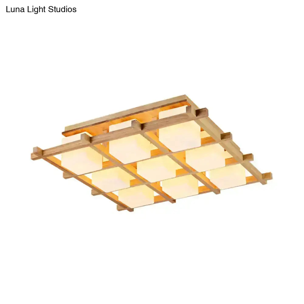 Modern wood grid semi flush mount ceiling light with natural wood frame and nine warm frosted glass panels for living room