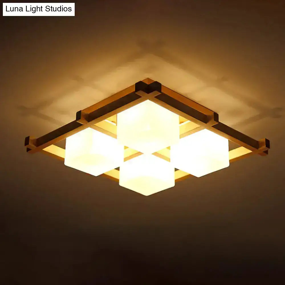 Modern wood grid semi flush mount ceiling light with warm tones wooden frame and frosted glass panels for living room