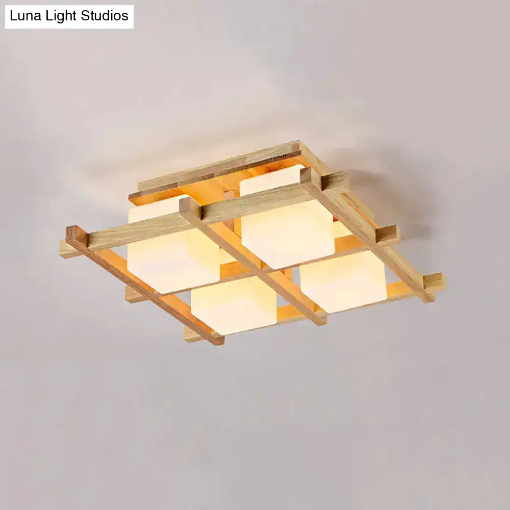 Modern wood grid semi flush mount ceiling light with natural wood frame and four warm glowing glass panels for living room