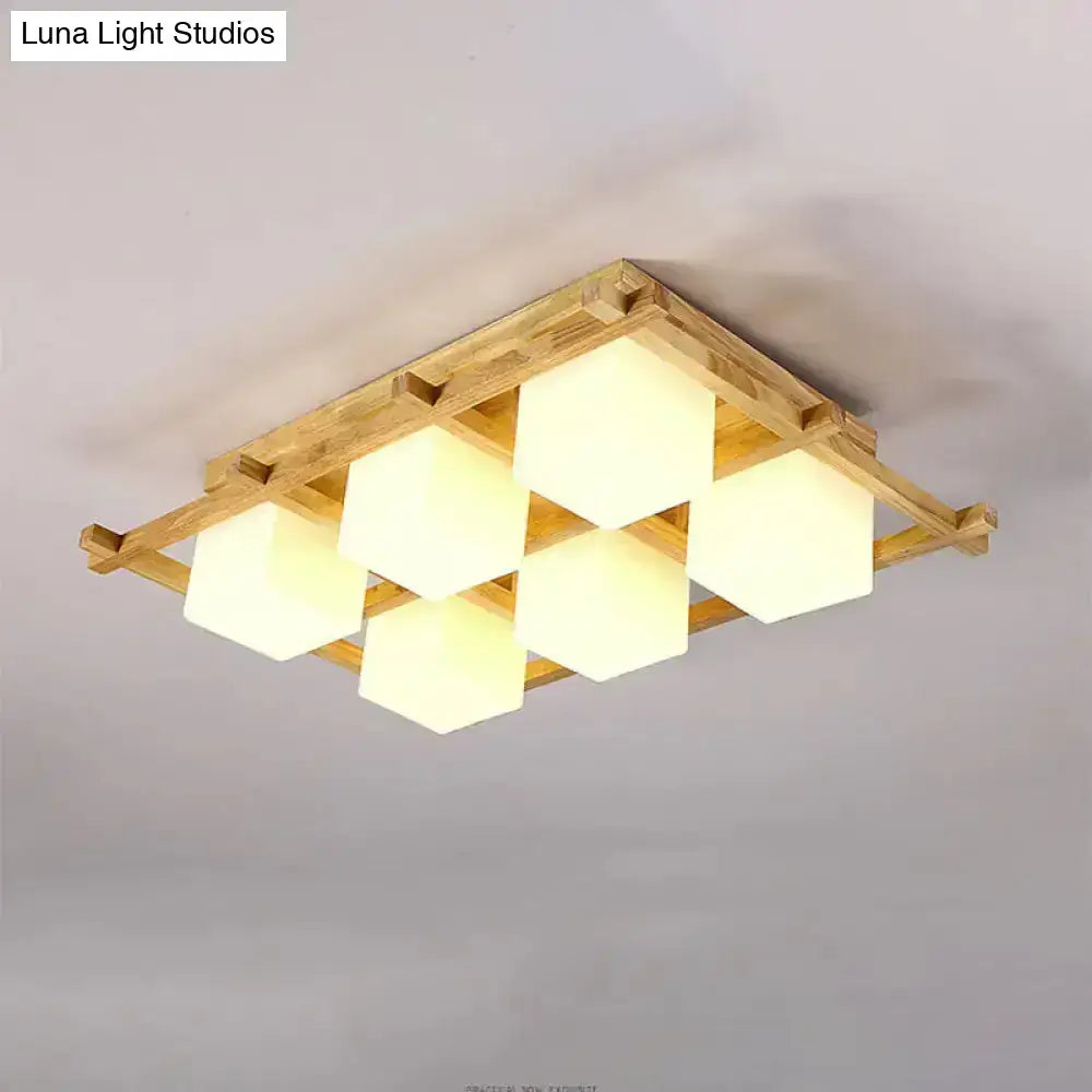 Rectangular wood grid semi flush ceiling light with natural wood frame and six warm frosted glass cubes for living room