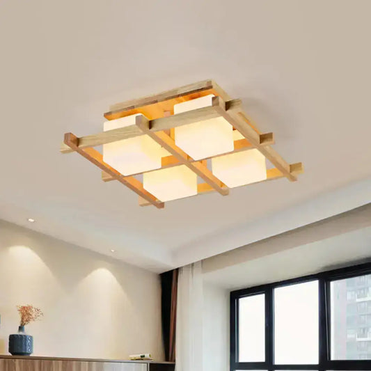 Modern wood grid semi flush mount ceiling light with natural wood frame and four glowing off-white panels for living room