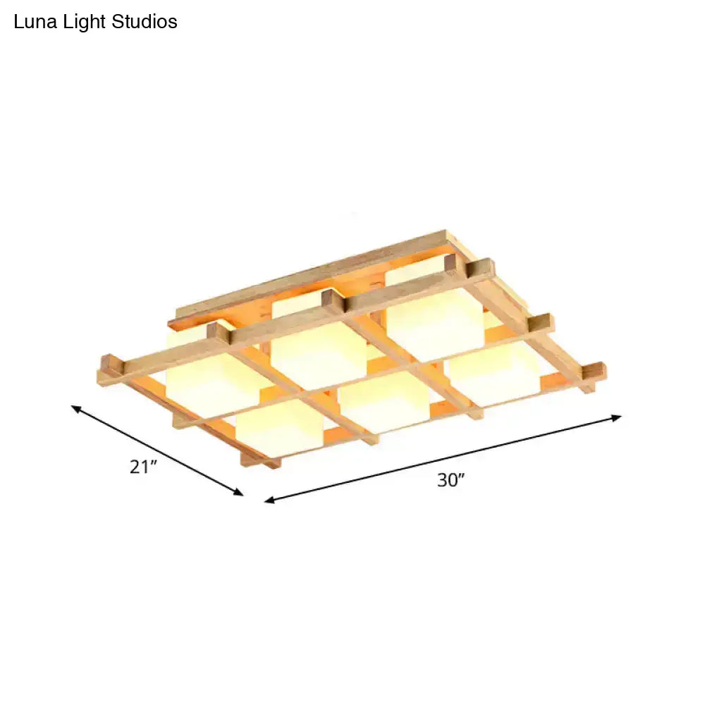 A modern wood grid semi flush mount ceiling light with natural wood frame and six warm frosted glass panels for living room