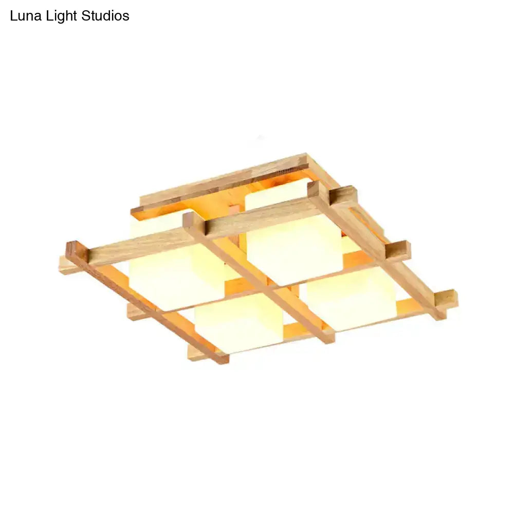 Modern wood grid semi flush mount ceiling light with natural wood frame and four glowing off-white panels for living room