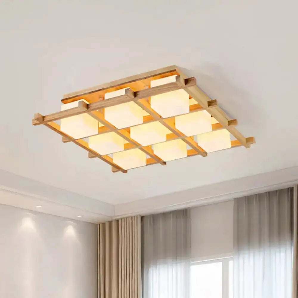 Rectangular modern wood grid semi flush mount ceiling light with warm golden wooden frame and nine frosted glass panels