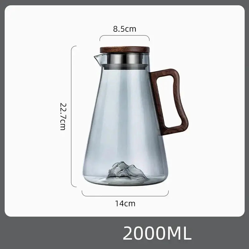 A sleek 2000ml glass cold water jug with a dark wood handle and lid in an elegant conical shape for modern kitchens