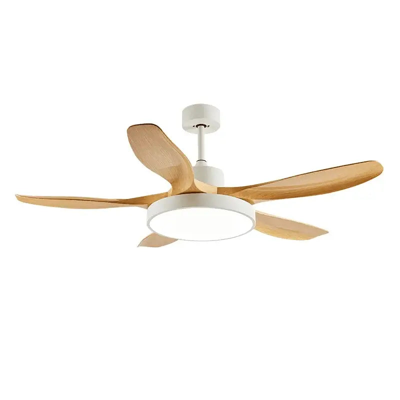 Modern wood led ceiling fan with five light wood blades and white housing featuring integrated circular led light for decorbites ceiling fan