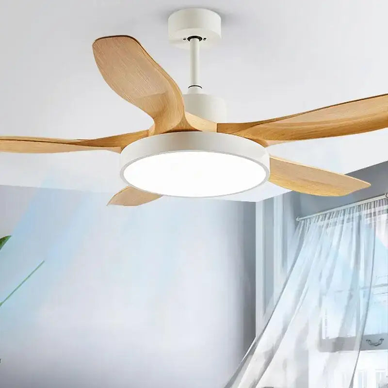 Modern wood led ceiling fan with five light wooden blades and white housing for living room decorbites led ceiling use