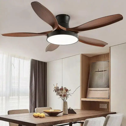 Modern wood led ceiling fan with five dark wood blades black housing and integrated circular led light for living room decorbites led ceiling fan
