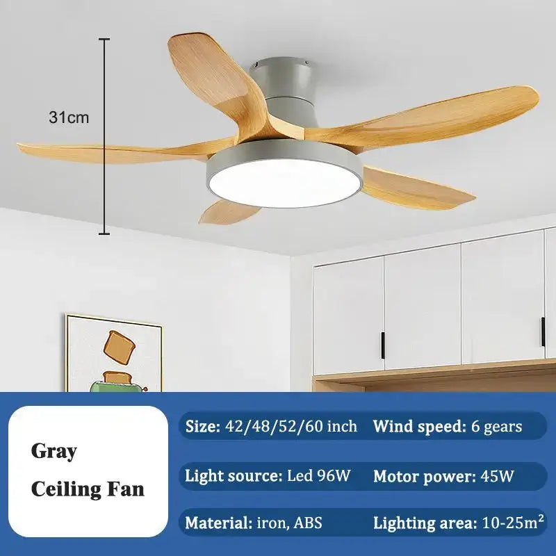 Modern gray ceiling fan with five light wood blades iron and abs material decorbites led ceiling fan with remote control