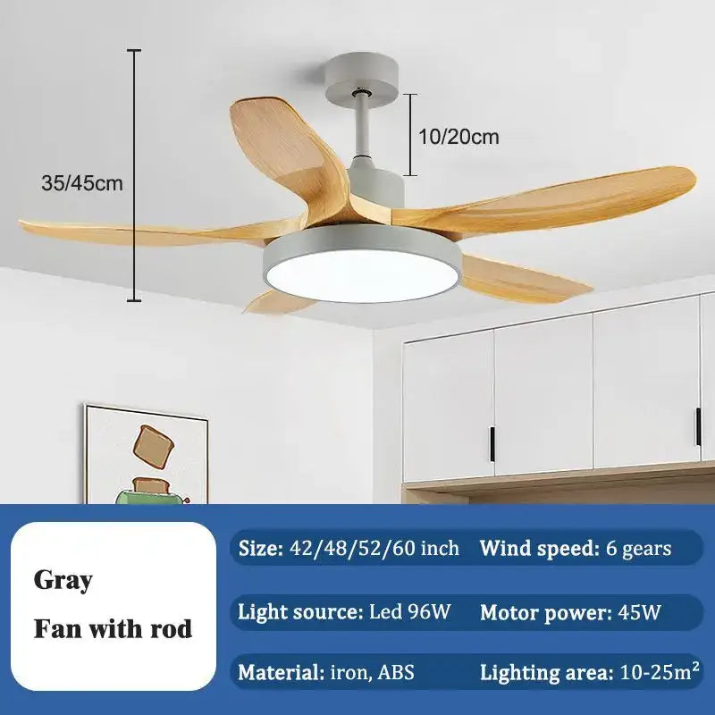 Gray ceiling fan with five light wood blades and iron abs plastic construction featuring decorbites led ceiling light