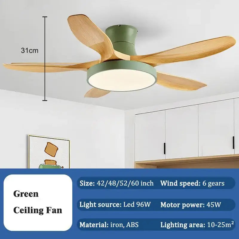 Modern green ceiling fan with wooden blades iron abs material decorbites led ceiling fan for living room with remote control
