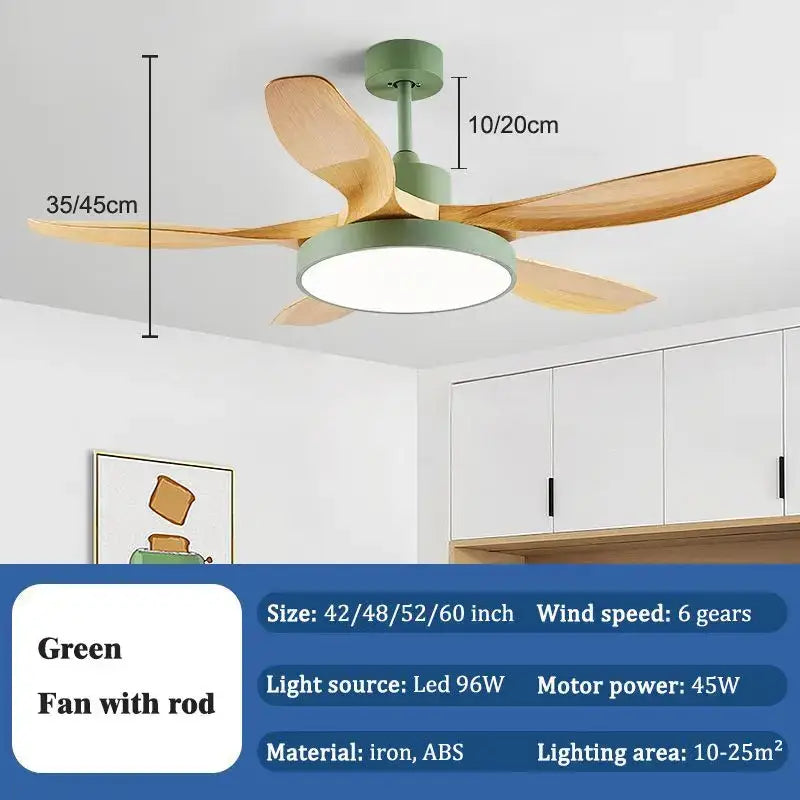 Modern green ceiling fan with wooden blades iron abs material and central led light for living room decorbites led ceiling fan