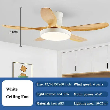 Modern wood led ceiling fan with white body, wooden blades, and remote control for living room decorbites led ceiling fan