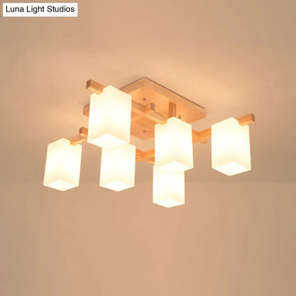 Modern Wood Living Room Semi Flush Mount Chandelier with White Glass Shade - Square Design