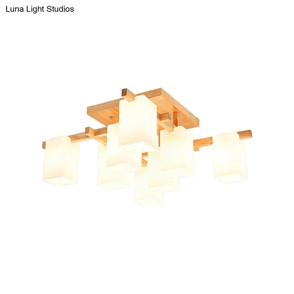 Modern Wood Living Room Semi Flush Mount Chandelier with White Glass Shade - Square Design