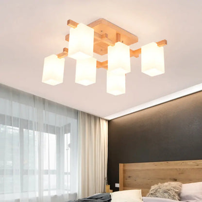 Modern Wood Living Room Semi Flush Mount Chandelier with White Glass Shade - Square Design