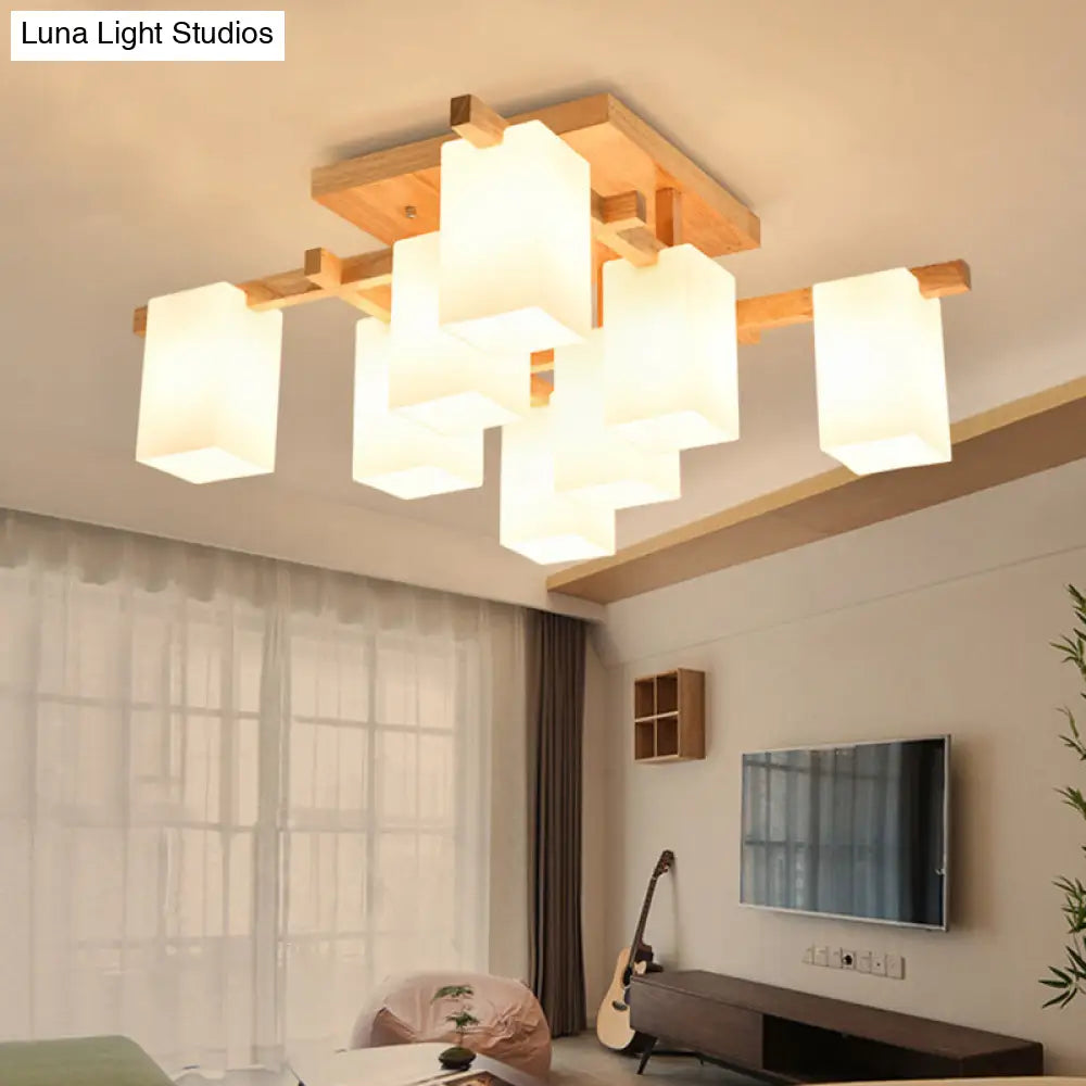 Modern Wood Living Room Semi Flush Mount Chandelier with White Glass Shade - Square Design