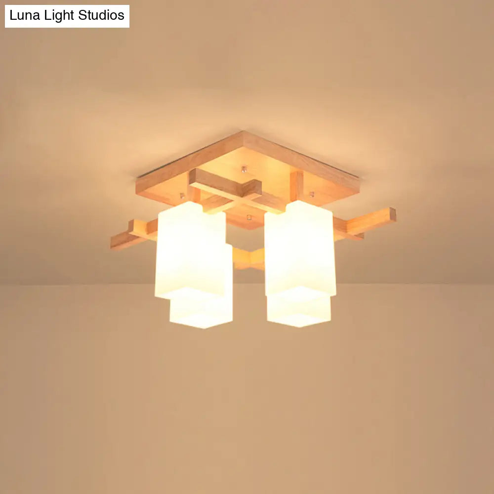 Modern Wood Living Room Semi Flush Mount Chandelier with White Glass Shade - Square Design