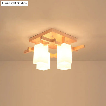 Modern Wood Living Room Semi Flush Mount Chandelier with White Glass Shade - Square Design