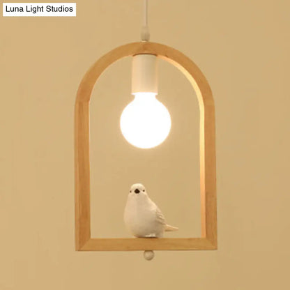 Modern Wood Pendant Lamp with Arch Shelf and Hanging Light in Beige