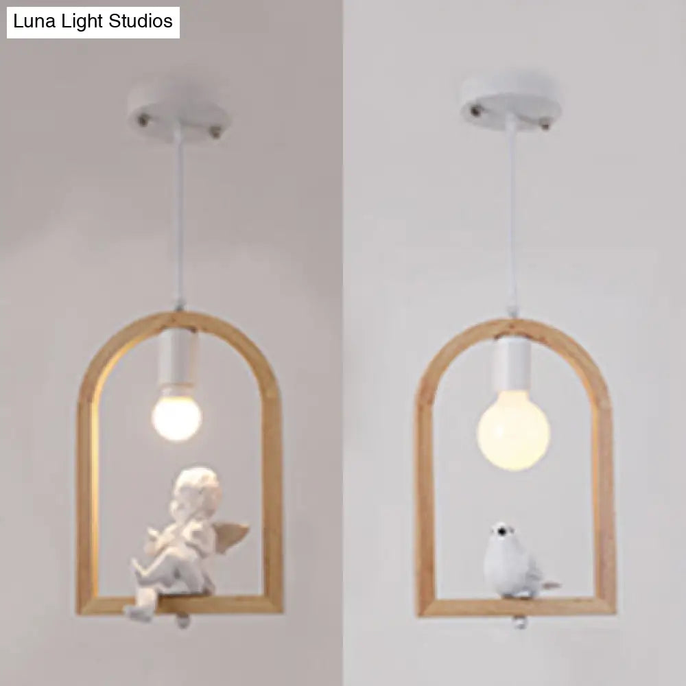 Modern Wood Pendant Lamp with Arch Shelf and Hanging Light in Beige