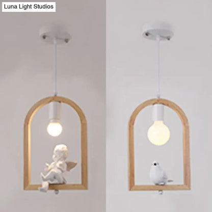 Modern Wood Pendant Lamp with Arch Shelf and Hanging Light in Beige