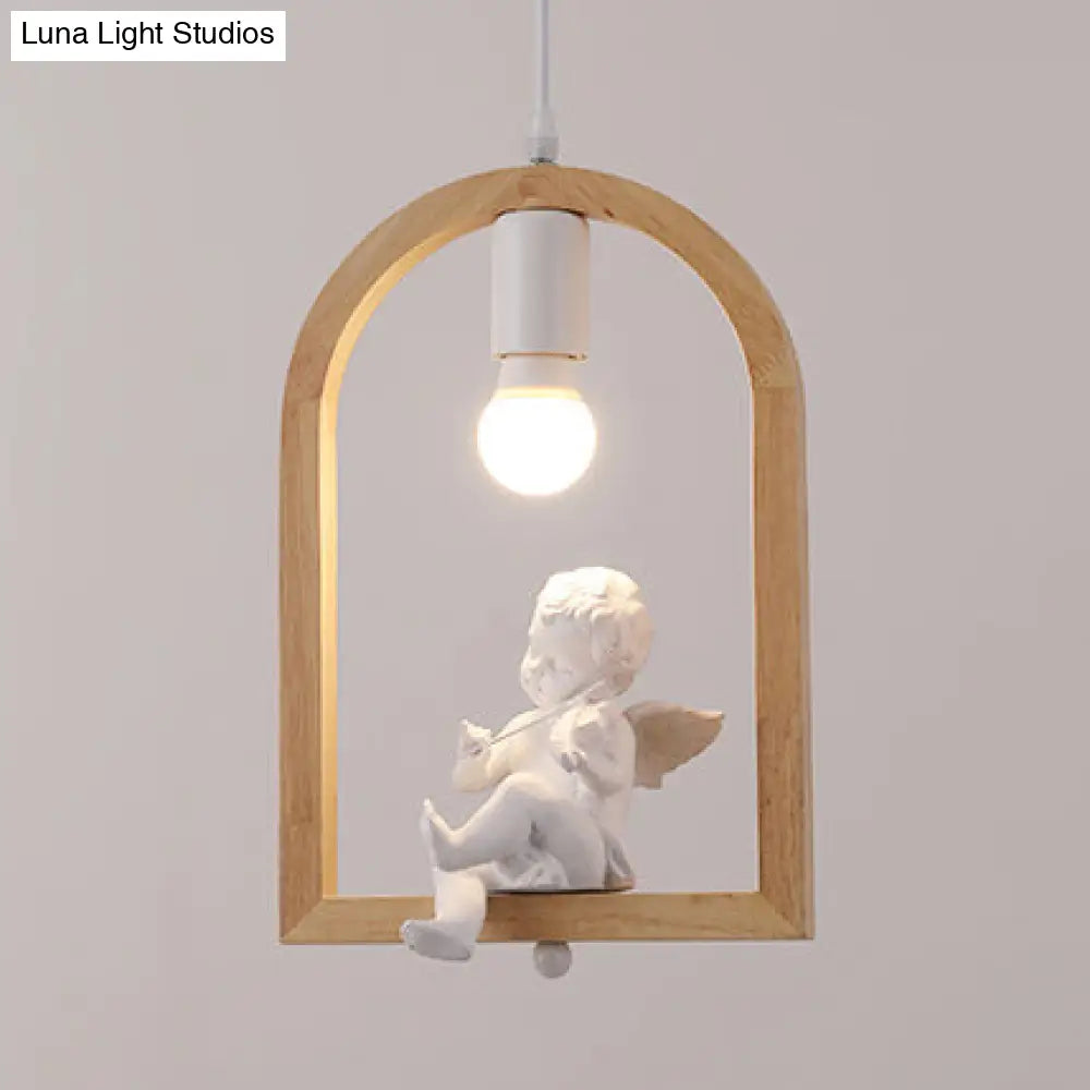 Modern Wood Pendant Lamp with Arch Shelf and Hanging Light in Beige