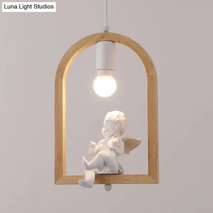 Modern Wood Pendant Lamp with Arch Shelf and Hanging Light in Beige