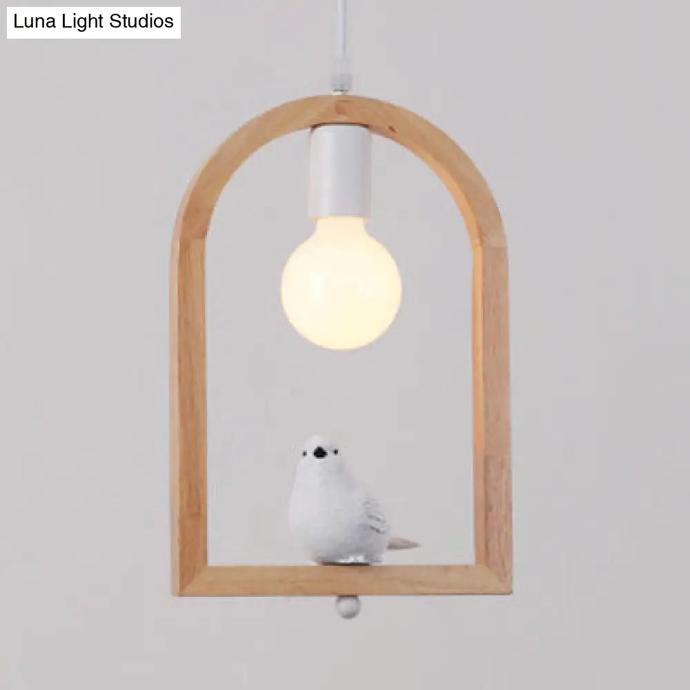 Modern Wood Pendant Lamp with Arch Shelf and Hanging Light in Beige