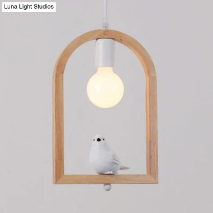 Modern Wood Pendant Lamp with Arch Shelf and Hanging Light in Beige