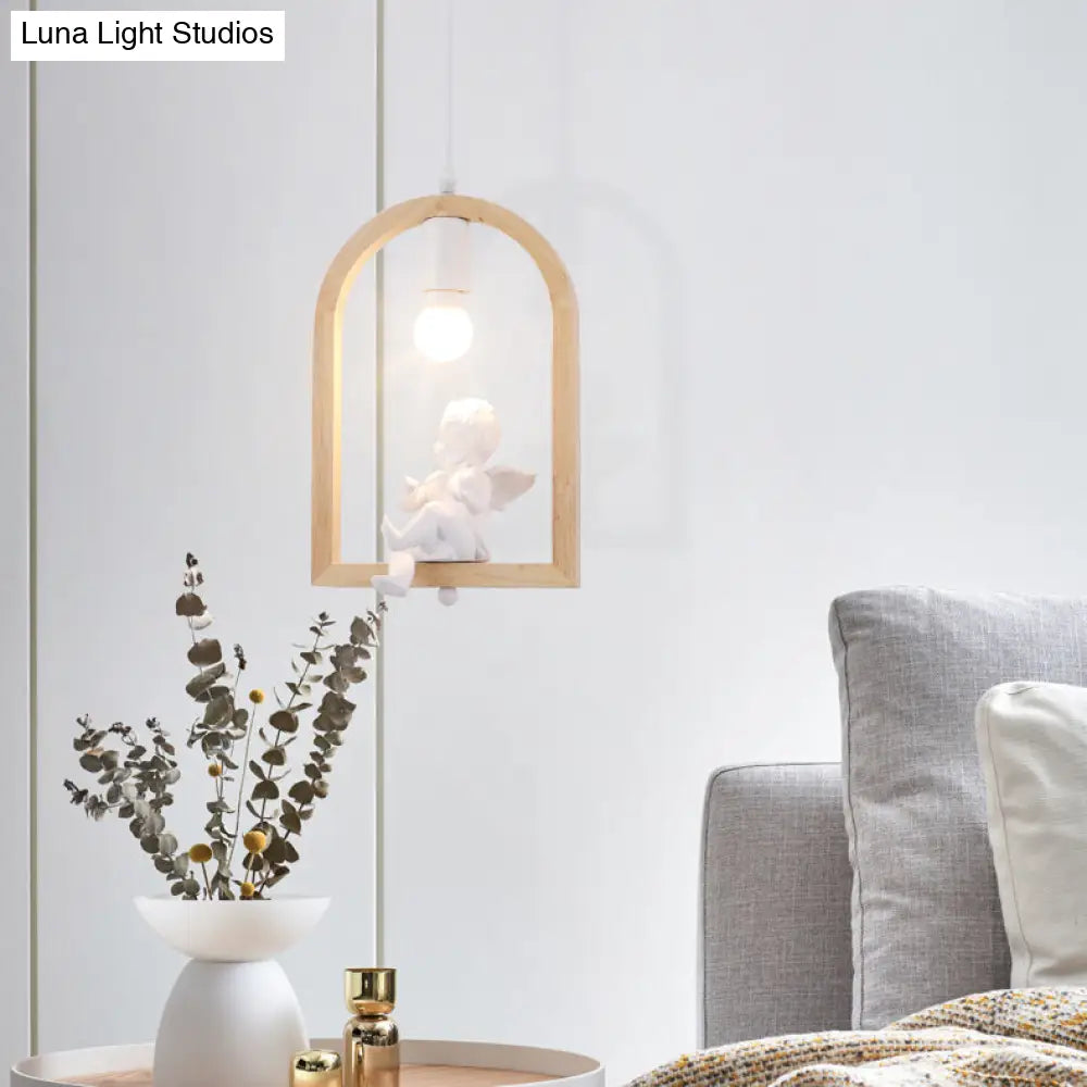 Modern Wood Pendant Lamp with Arch Shelf and Hanging Light in Beige