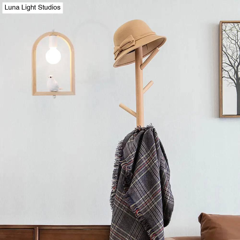 Modern Wood Pendant Lamp with Arch Shelf and Hanging Light in Beige