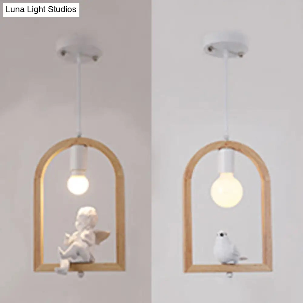 Modern Wood Pendant Lamp with Arch Shelf and Hanging Light in Beige