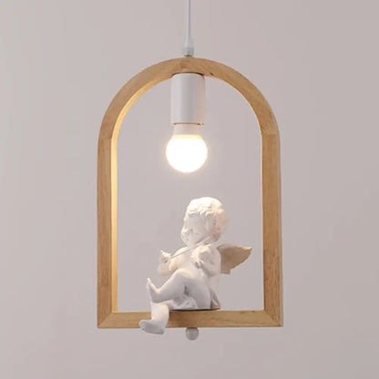 Modern Wood Pendant Lamp with Arch Shelf and Hanging Light in Beige