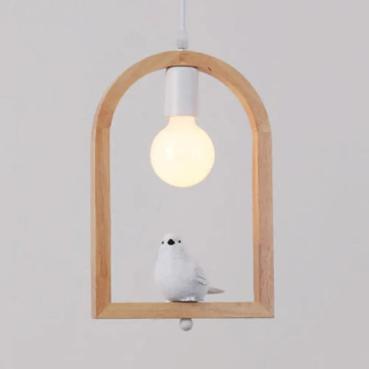 Modern Wood Pendant Lamp with Arch Shelf and Hanging Light in Beige