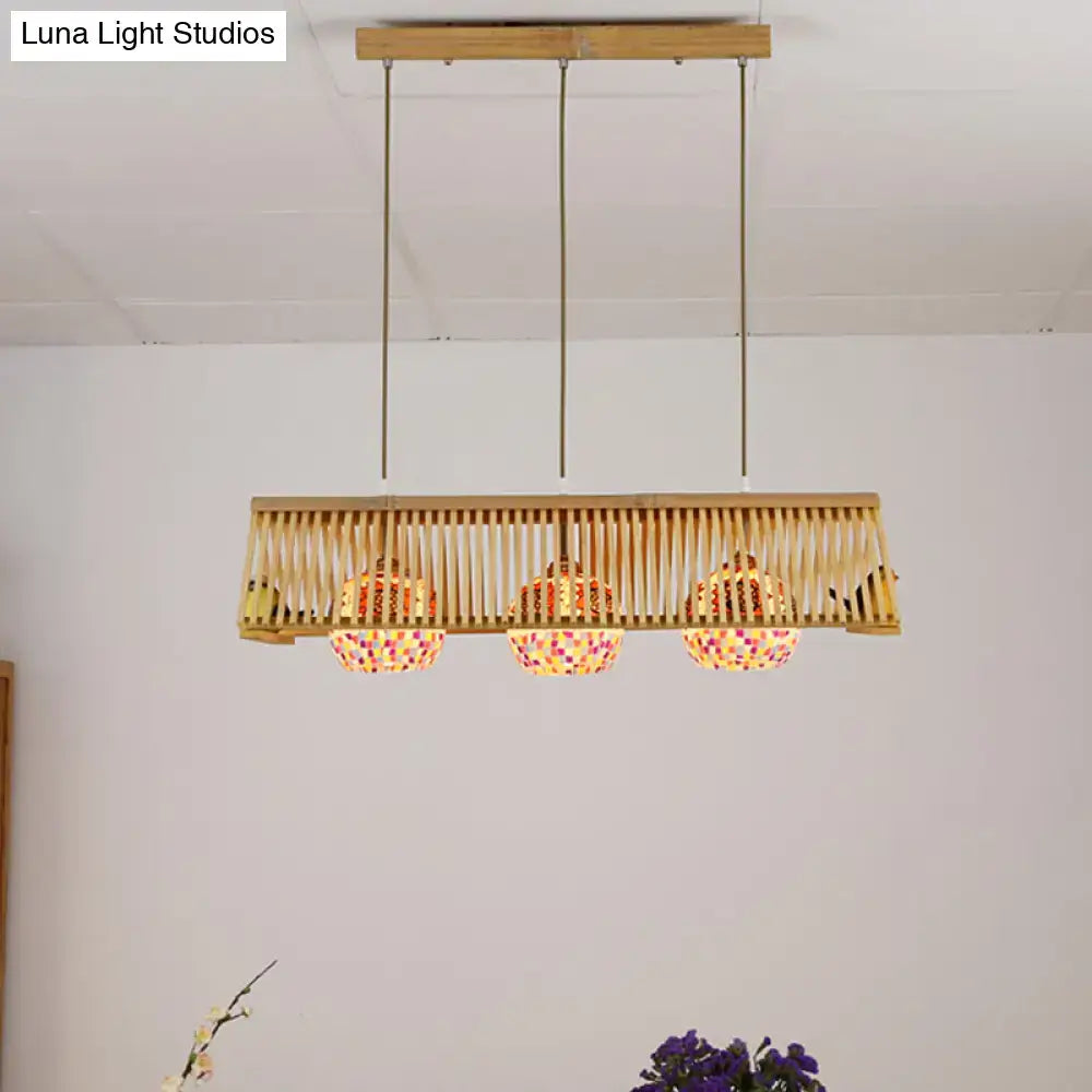 Decorbites™ modern wood pendant light with roof shape wooden frame and three colorful mosaic glass shades, 16 inch fixture width, e26 e27 compatible