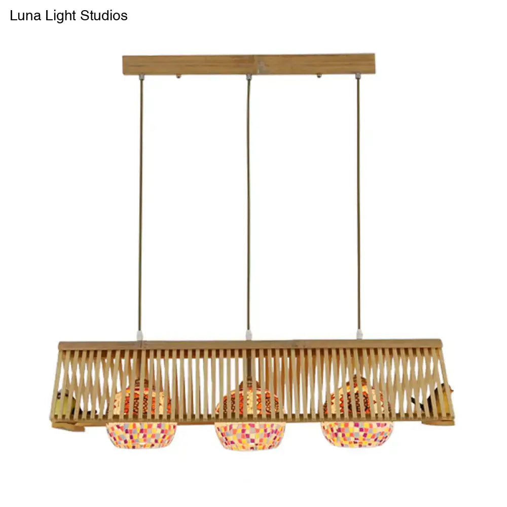 DecorBites modern wood pendant light fixture with beige bamboo rods and colorful mosaic shades 16 to 19.5 inch fixture width e26 e27