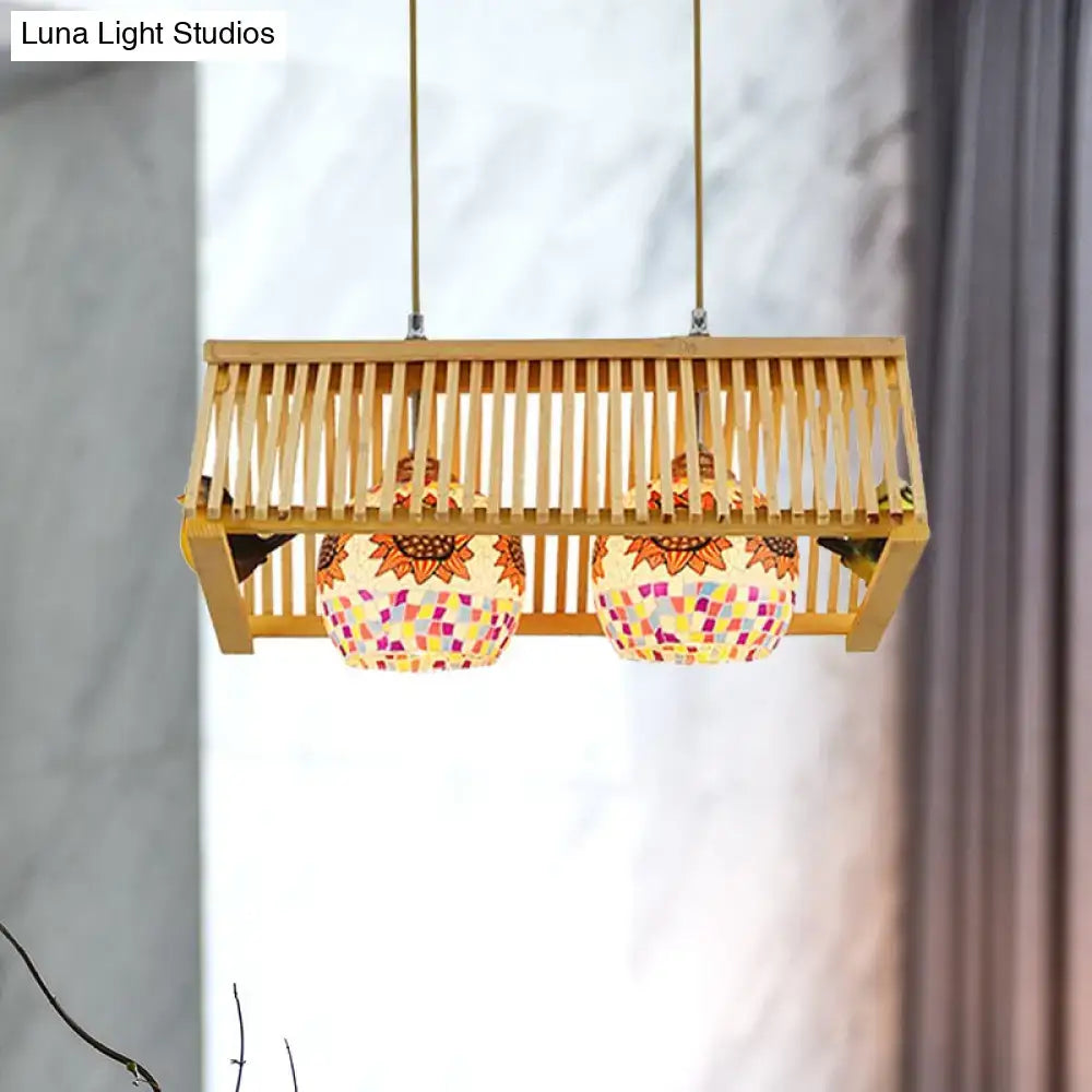 Decorbites modern wood pendant light with bamboo frame and colorful mosaic glass sunflower shades 16 to 19.5 inch fixture width e26 e27