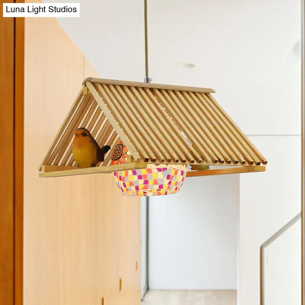 DecorBites modern wood pendant light with light wooden roof and multicolored mosaic shade 16 by 19.5 inch fixture width compatible with e26 e27